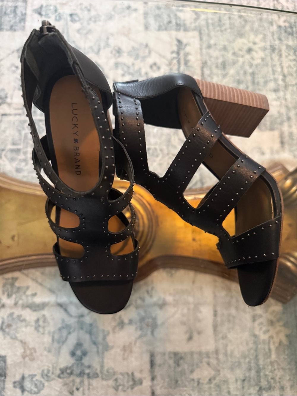 Lucky Brand Black Studded Strappy Block Heel Sandals Womens Size 7.5